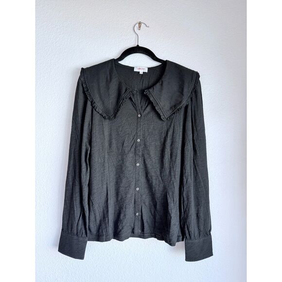NWOT Goldie Lewinter Oversized Pilgrim Collar Button Down Long Sleeve T in Black - Picture 3 of 10